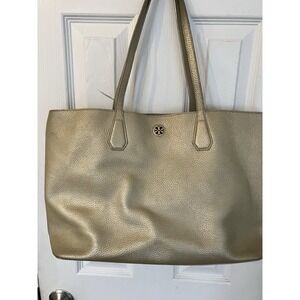 Tory Burch Golden Pebbled Texture Leather Perry Metallic Signature LogoTote Bag